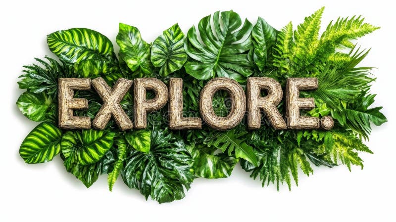 Explorar El Concepto De Aventura Del Elemento De Diseño Tropical De Word Lush Foliage En Fondo Blanco ilustración del vector