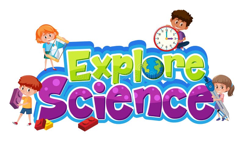 Explora el logotipo de la ciencia y dos niños con disfraz de científico.