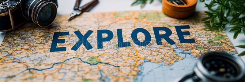 Explorar El Mapa De Aventura Con La Cámara Retro Y La Decoración De La Planta En Fondo Blanco stock de ilustración