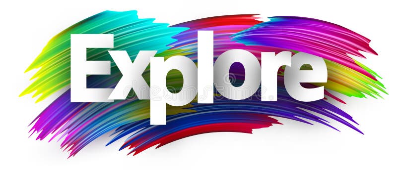 Explorar el signo de palabras de papel con pinzas de pincel de colores de espectro sobre blanco libre illustration
