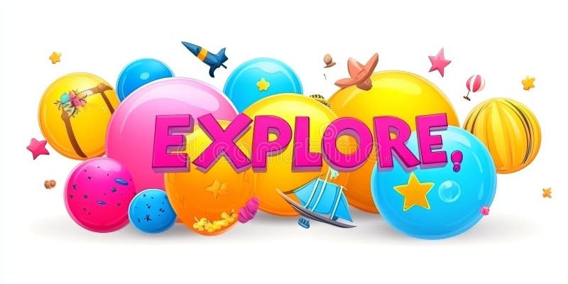 Explorar. Ilustración Colorida Con Cohetes De Globo De Caricatura Y Avión En Fondo Blanco. stock de ilustración