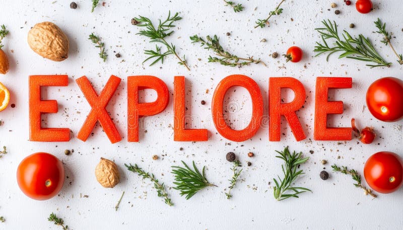 Explorar la composición de letrinas planas vibrantes con hierbas y tomates picantes de fondo blanco libre illustration