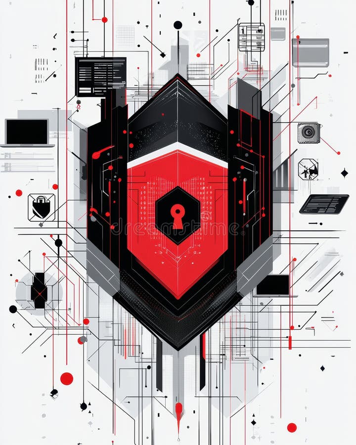 Explorarea adâncimii securității cibernetice printr-un design abstract roșu și negru pe un fond alb-negru izbitor vector illustration