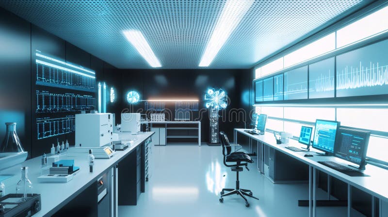 Explorarea analizei avansate a riscurilor pentru sănătate într-un laborator modern, cu iluminare cinematografică, pentru o interpr stock illustration