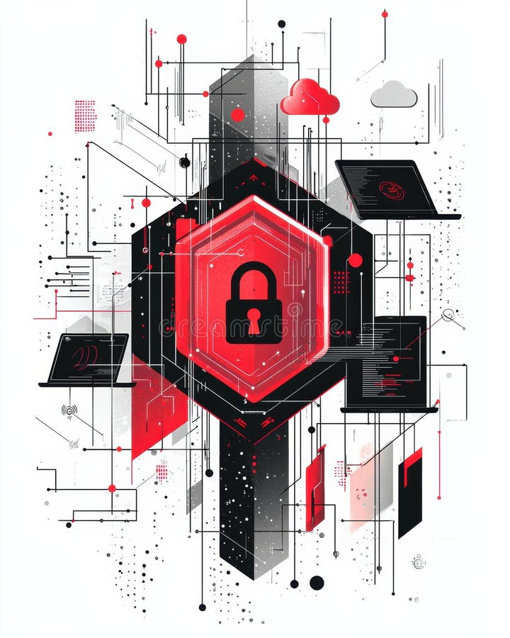 Explorarea intracsec a securității cibernetice și a protecției datelor printr-un design abstract roșu și negru, cu încuietoare vector illustration