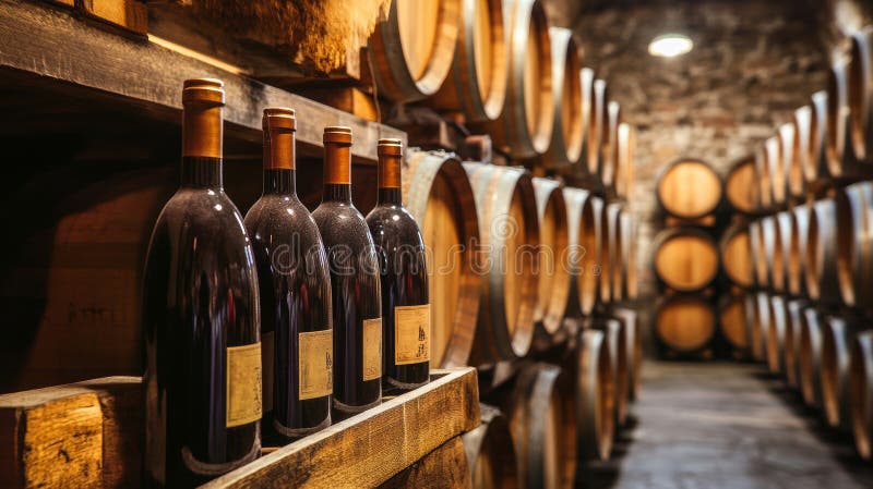Explorarea unei vaste colecții de sticle rafinate de vin stocate în pivnița confortabilă a unei podgorii încântătoare vector illustration