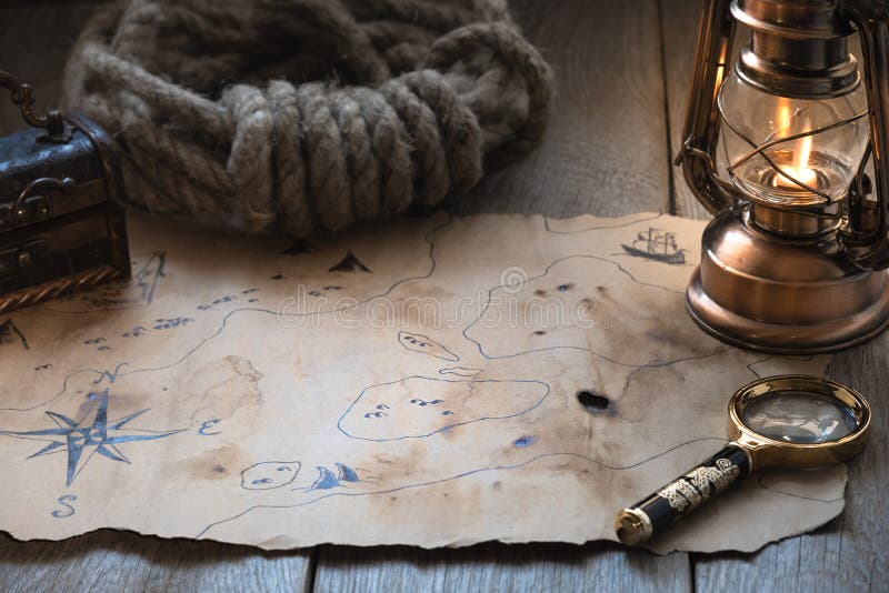Exploration, Adventure and Treasure Hunt Background, Vintage Map, Kerosene  Lamp, Chest, Magnifier on Wooden Table. Columbus Day Stock Image - Image of  hunt, holiday: 246193739
