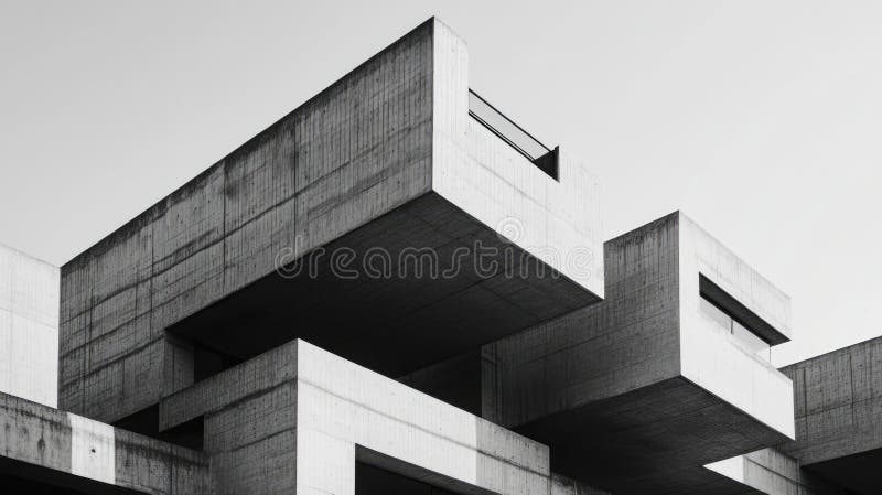 Exploration of brutalist architecture with geometric forms and stark contrasts in urban setting. Dynamic composition features a sprawling complex with angular concrete structures showcasing neo brutalism s essence. AI generated