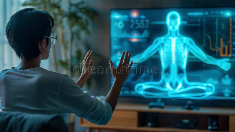 Exploration de l'anatomie humaine grâce à l'intelligence artificielle interactive dans un salon moderne illustration stock
