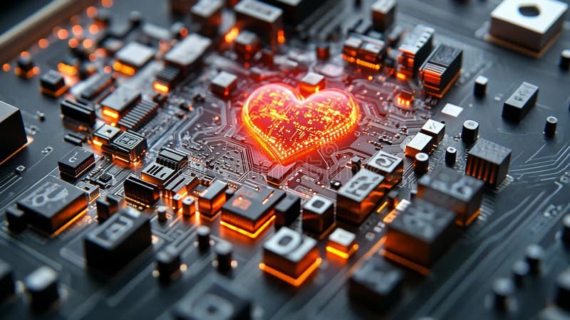 Exploration de la conception complexe d'un circuit-board illuminé par un symbole de coeur lumineux en 4k illustration de vecteur