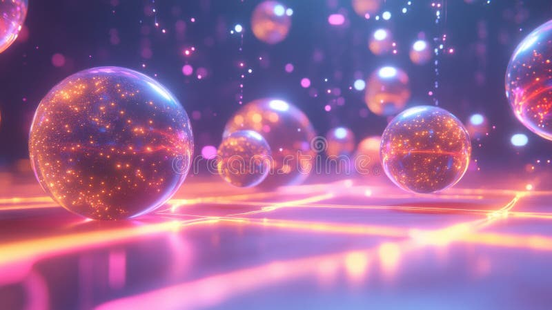 Exploration of interconnected virtual worlds represented by luminous spheres in a vibrant cosmic setting