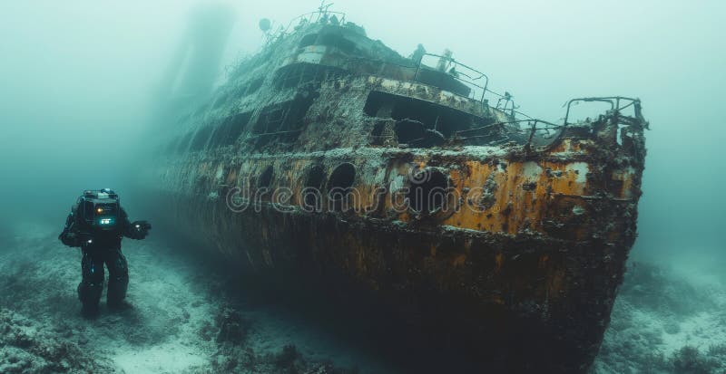 Exploration of a sunken shipwreck by a remote submarine robot in deep ocean Generative AI royalty free stock photo