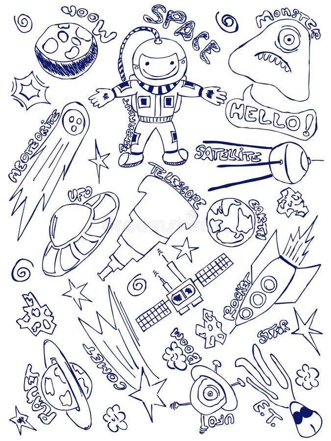 Hand-drawn doodles with a space exploration theme. Hand-drawn doodles with a space exploration theme