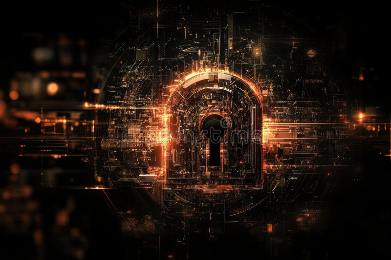 Intricate Digital Lock Design with Glowing Mechanisms and Futuristic Elements, Security and Technology in a Dark stock image