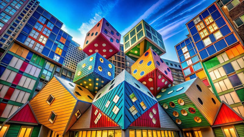 Architectural Wonders DiceInspired Structures in Stunning Photography Featuring Creative Lighting and Unique royalty free illustration