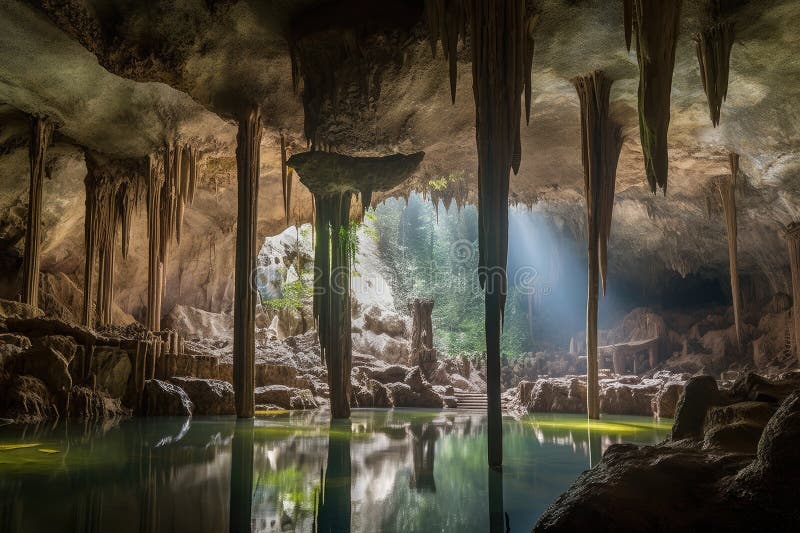 Explore a cave system, with stalactites and stalagmites, in an exotic destination vector illustration