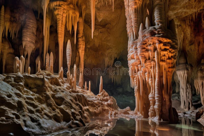Explore a cave system, with stalactites and stalagmites, in an exotic destination stock illustration