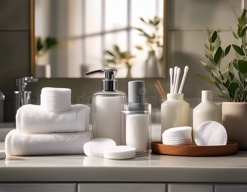 Everyday Essentials: Bathroom Hygiene Products on Countertop Stock ...