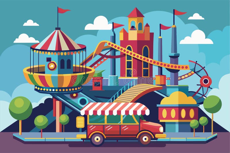 Explore a colorful amusement park featuring unique rides, a carousel, and vibrant roller coasters, Order ride Customizable royalty free illustration
