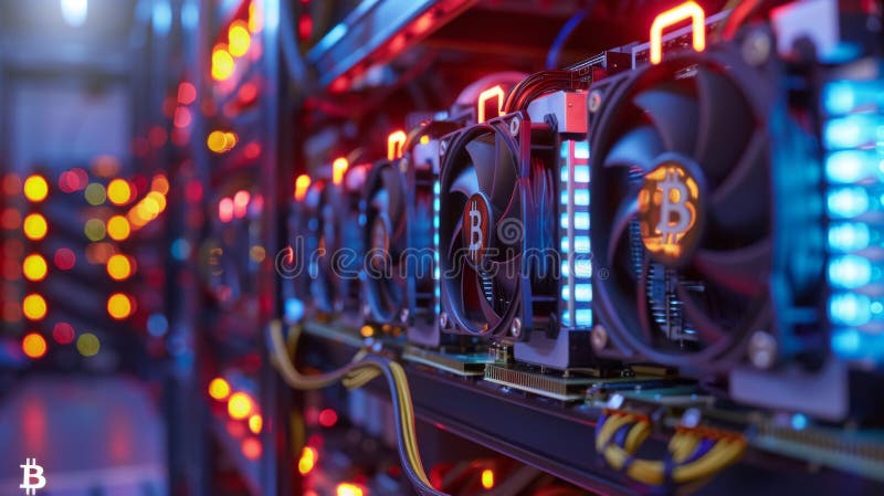 Explore decentralized world of Bitcoin mining, where transactions are validated and rewards earned in digital currency royalty free illustration