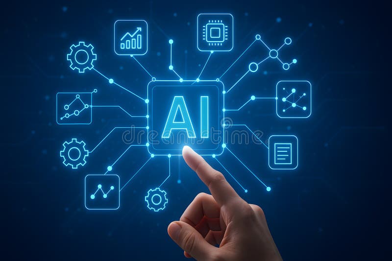 Artificial intelligence ai technology concept with hand touching ai icon on digital screen 100 royalty free illustration