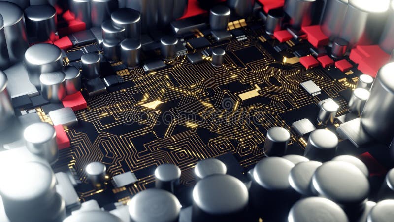 Explore a futuristic circuit board with metallic components and illuminated pathways royalty free illustration