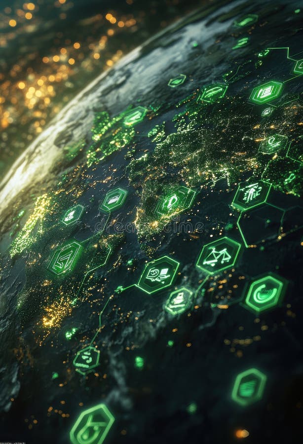 Futuristic digital world map with glowing green data icons stock photography