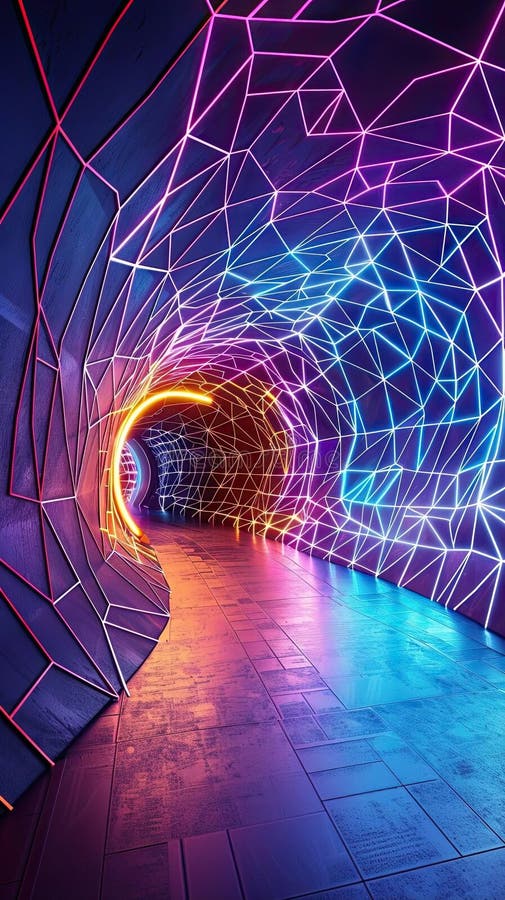 Să exploreze un tunel futurist cu linii geometrice intersectate cu nervuri neonice care formează o rețea de licărire complexă stock illustration