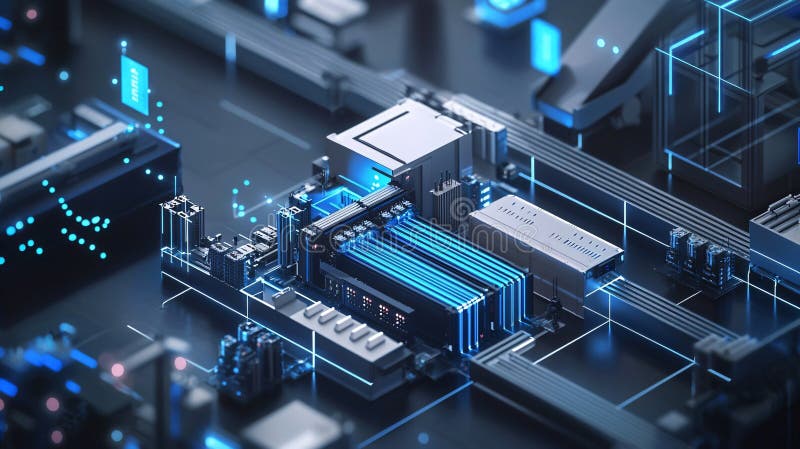 Explore the innovations in technology through a detailed visualization of a modern circuit board design stock illustration