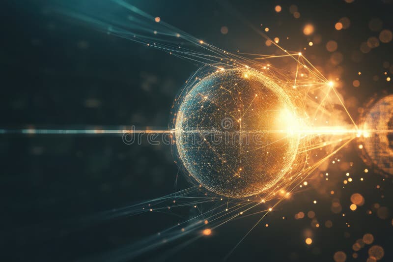 Explore interconnected virtual worlds with glowing spheres and dynamic light beams in a cosmic landscape