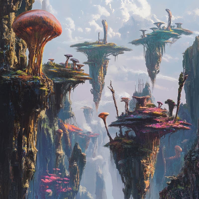 A breathtaking landscape filled with floating islands and colorful mushrooms. It captures the essence of fantasy and royalty free stock images