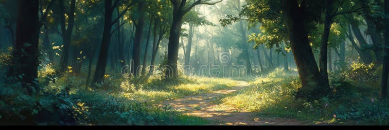 A winding path leads through a dense forest, where sunlight filters through lush leaves, creating a tranquil atmosphere in nature. Captivating path stock images, royalty-free photos and pictures