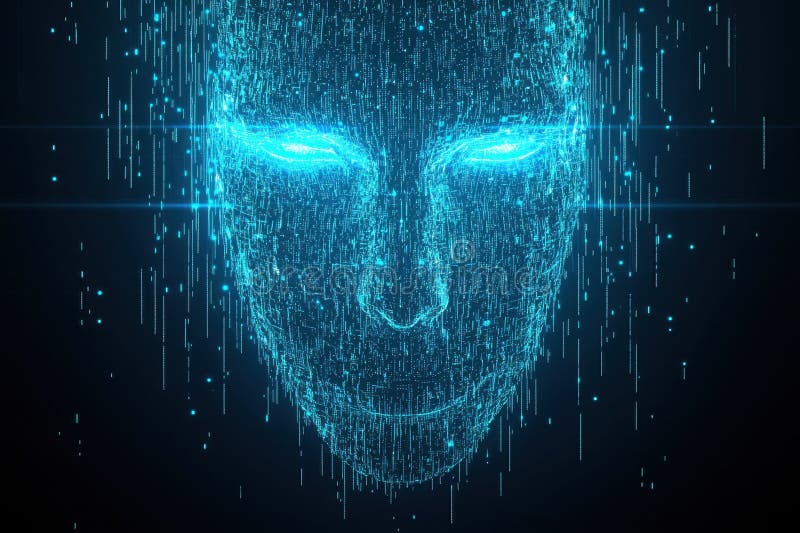 Futuristic Cybernetic Face with Integrated AI Circuits in a Digital Matrix Visualization royalty free stock images