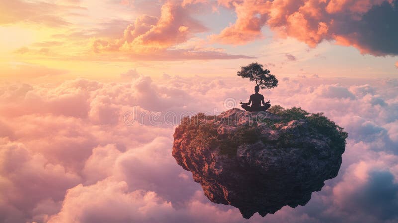 A serene figure meditates on a floating island in a vibrant sky. The gentle clouds surround the solitary tree. This image inspires stock image