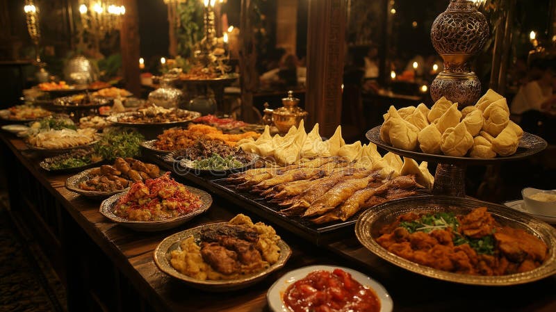 Explore a vibrant buffet of traditional African dishes featuring samosas, grilled fish, and spicy curries in a cozy royalty free stock photo