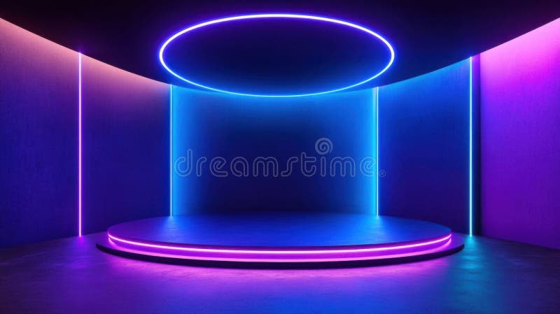 Explore vibrant neon lights illuminating a circular stage ilustração do vetor