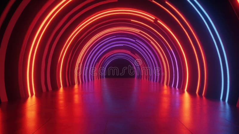 Explore vibrant neon tunnel a colorful journey through luminous arcs ilustração royalty free