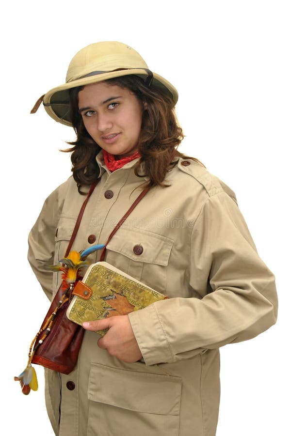 Young girl explorer isolated in white. Adventurer adventure stock images, royalty-free photos and pictures