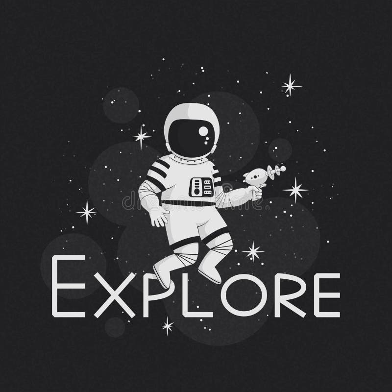 Explorez l'illustration de vecteur, conception de T-shirt, affiche Astronaute monochrome de bande dessinée tenant une sableuse av illustration libre de droits Explorez l'illustration de vecteur, conception de T-shirt, affiche Astronaute monochrome de bande dessinée tenant une sableuse av illustration libre de droits
