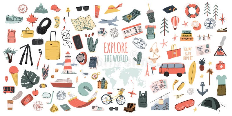 Explorez le monde Ensemble tiré par la main de voyage Collection d'icônes de griffonnage de temps de vacances d'été Goupilles ou illustration libre de droits Explorez le monde Ensemble tiré par la main de voyage Collection d'icônes de griffonnage de temps de vacances d'été Goupilles ou illustration libre de droits