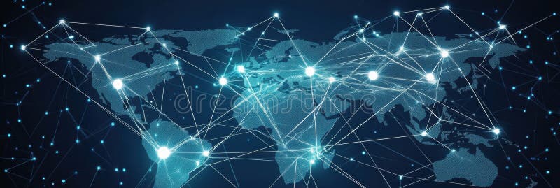 Exploring an abstract world map featuring connected nodes and lines over a technology-inspired blue background royalty free illustration