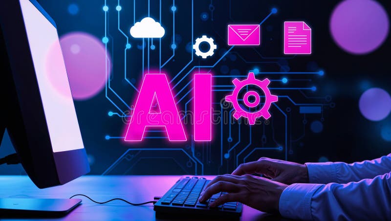 Exploring AI and Cloud Computing: A Futuristic Workspace with Digital Innovation royalty free stock photography