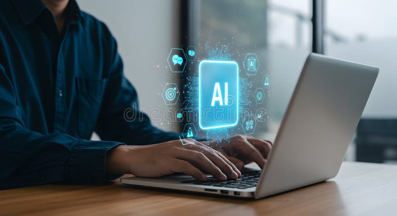 Ai technology concept using laptop for artificial intelligence and machine learning solutions vector illustration