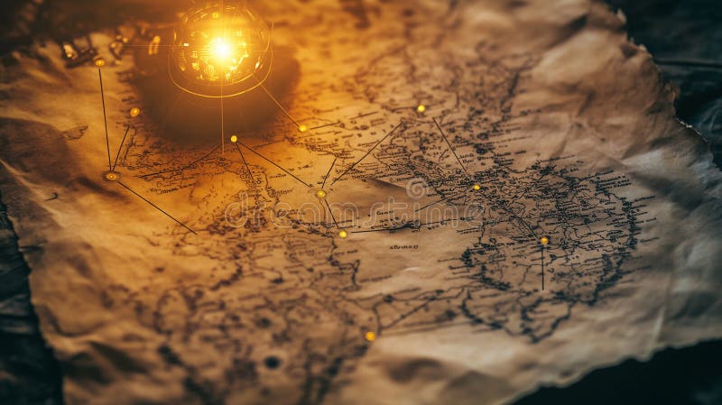 Exploring ancient world maps with a glowing compass highlighting historical routes and locations