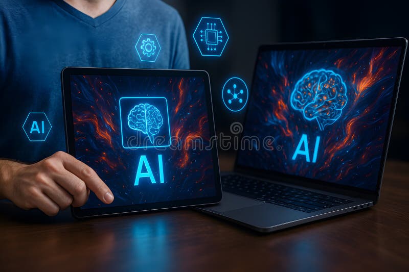 Artificial intelligence ai technology concept on laptop and tablet devices for innovative solutions royalty free illustration