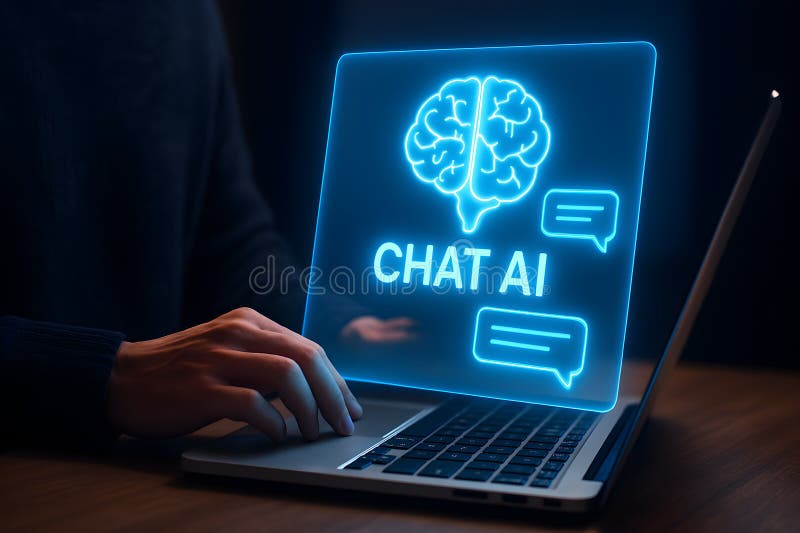 Chat ai technology concept on laptop screen for artificial intelligence and automation solutions stock illustration