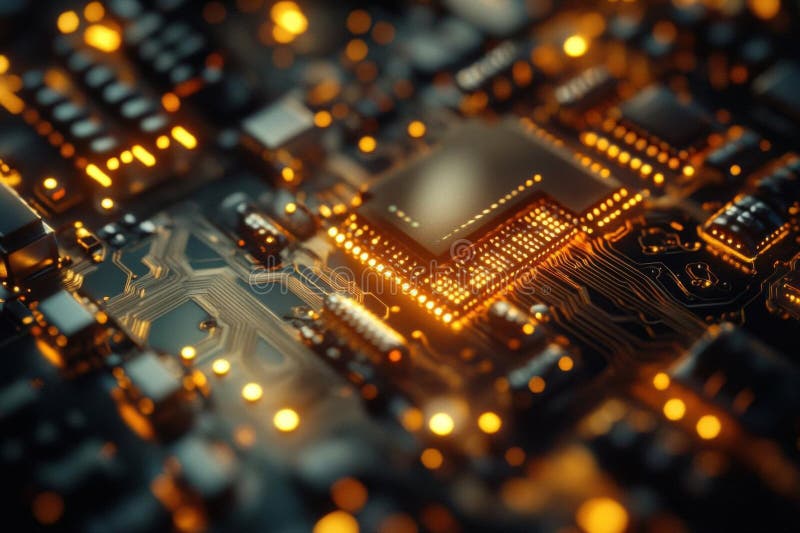 Exploring Circuit Board\'s Intricate Design, Illuminating Technological Marvels with Golden Hues royalty free illustration