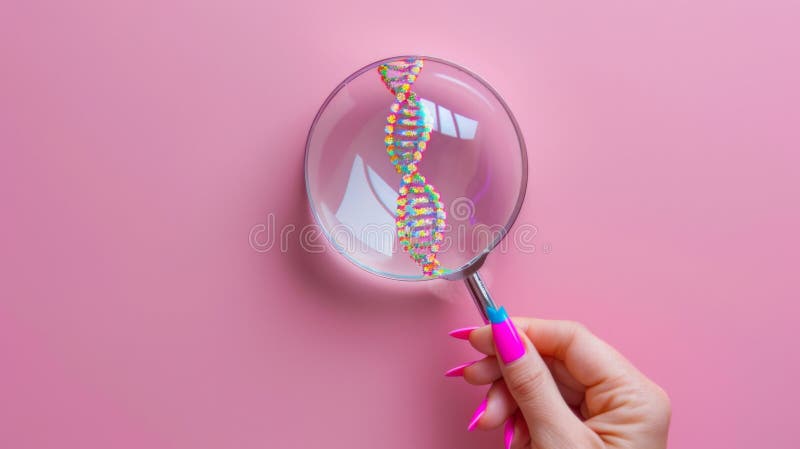 A hand holding a magnifying glass that magnifies a colorful DNA double helix. image. Gene sequence stock images, royalty-free photos and pictures
