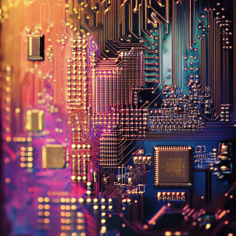Exploring Colorful Microchip Technology with Intricate Circuitry Patterns stock illustration