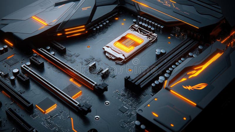 Exploring a Computer Motherboard\'s intricate design, A close-up view of its components and circuitry stock illustration
